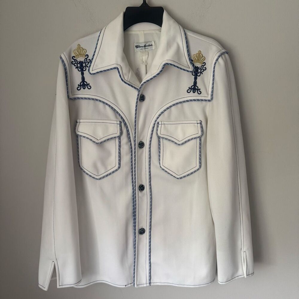 Vintage Steve Gordon Las Vegas Embroidered Crown White Western Shirt Jacket M - Picture 1 of 6